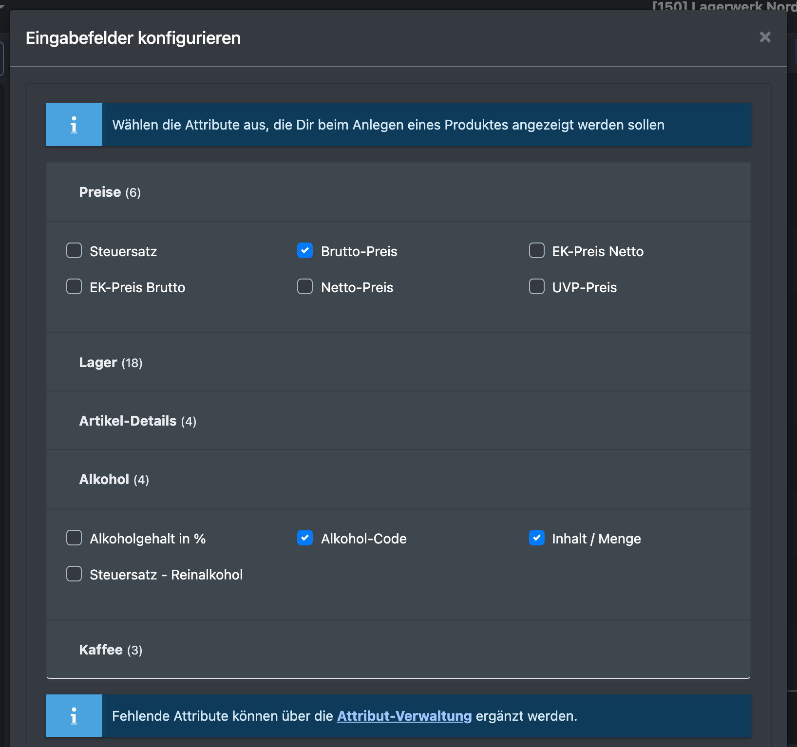 Screenshot: Dialog „Eingabefelder konfigurieren“ mit aufgeklappten Attribut-Gruppen und angehakten Attributen