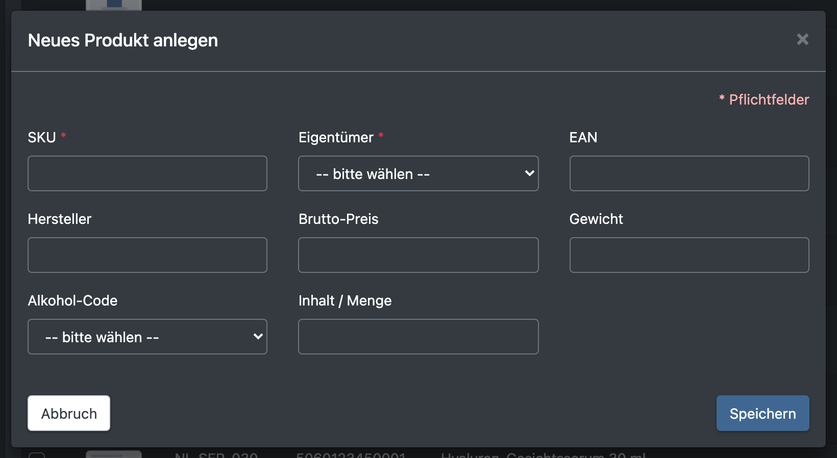 Screenshot: Der Dialog „Neues Produkt anlegen“ mit SKU, Name und weiteren Feldern