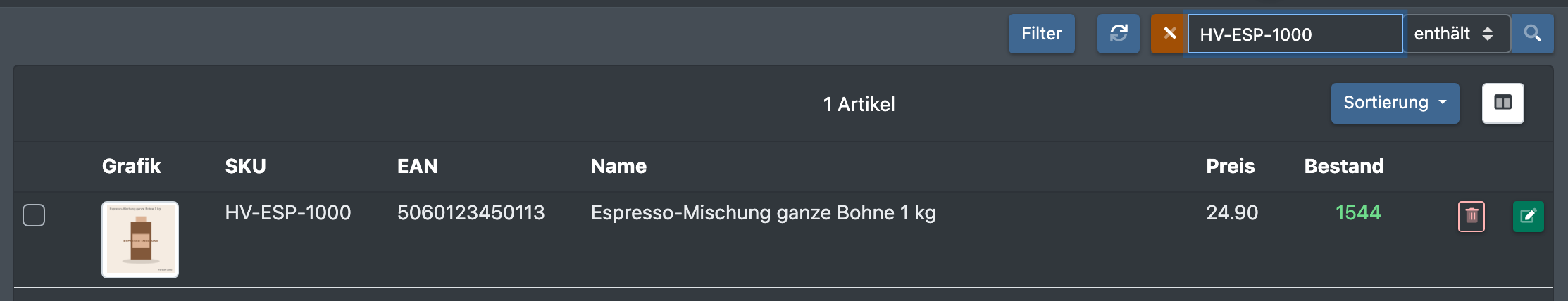 Screenshot: Übersicht nach dem Speichern mit dem neu angelegten Artikel als Suchergebnis
