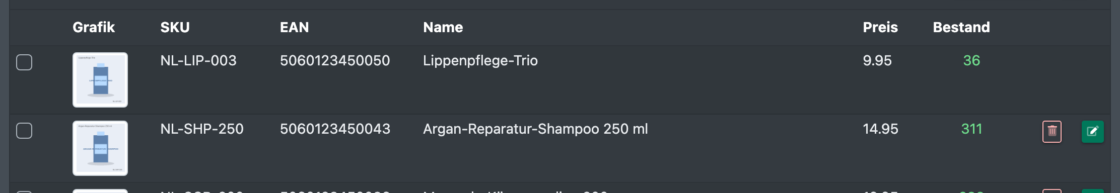 Screenshot: Artikelübersicht mit dem roten Papierkorb-Button in einer Artikelzeile