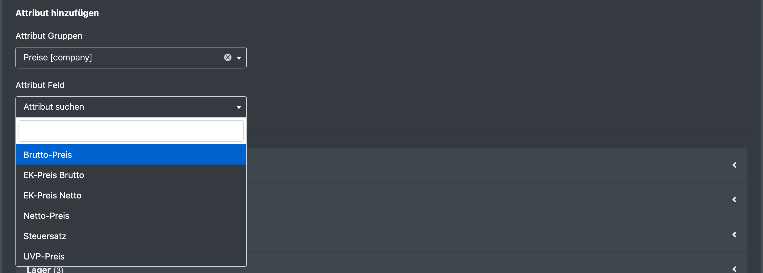 Screenshot: „Attribut hinzufügen“ mit der Gruppenauswahl und der Auswahlliste für das Attribut-Feld