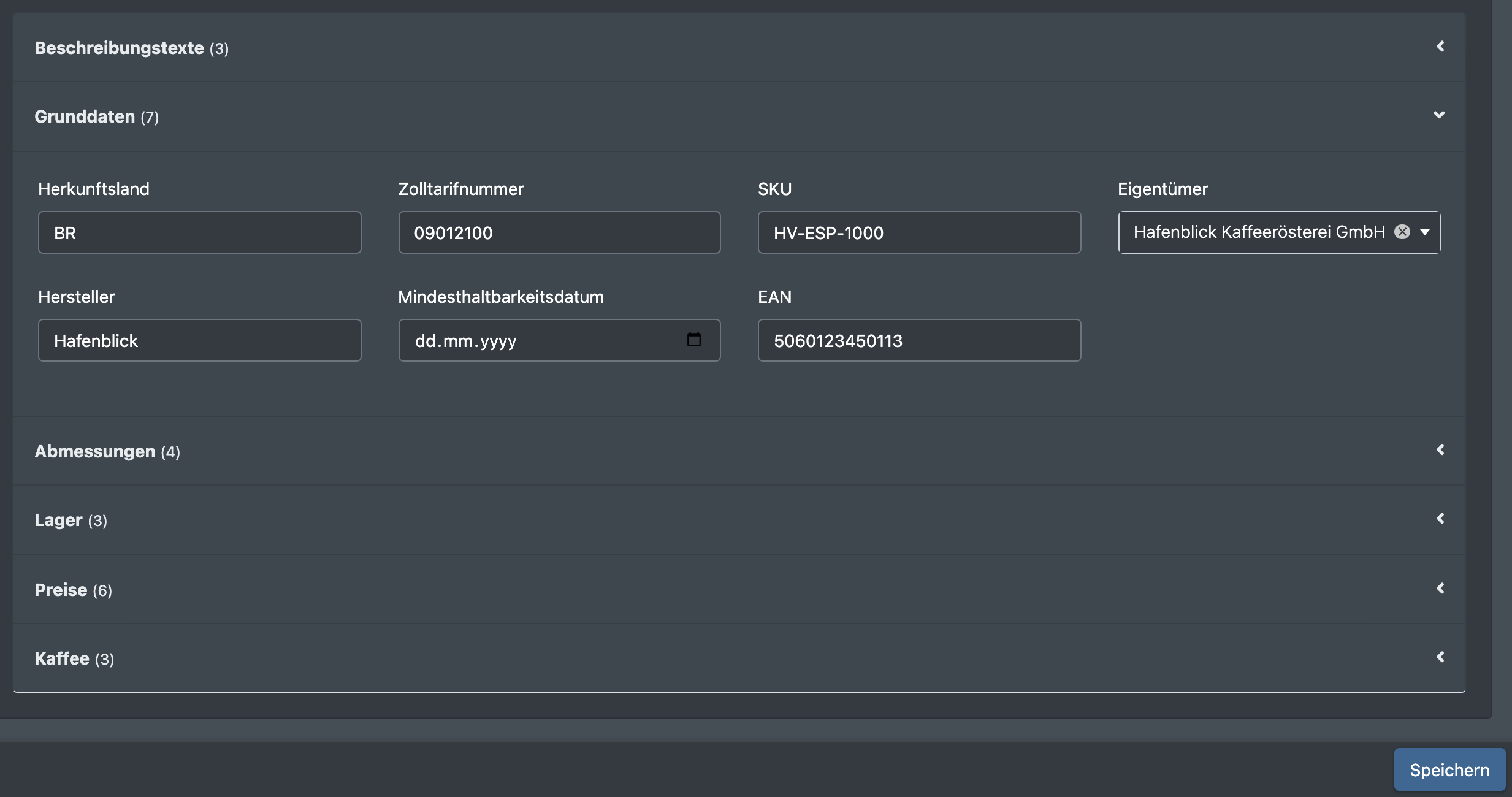 Screenshot: Reiter Attribute mit mehreren Attribut-Gruppen und dem Button Speichern