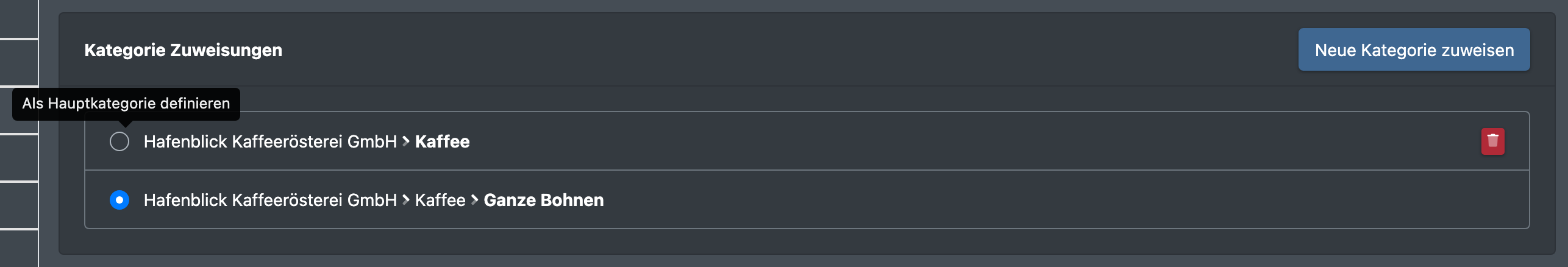 Screenshot: Reiter Kategorien mit mehreren Kategorie-Zuordnungen und dem Button „Als Hauptkategorie definieren“