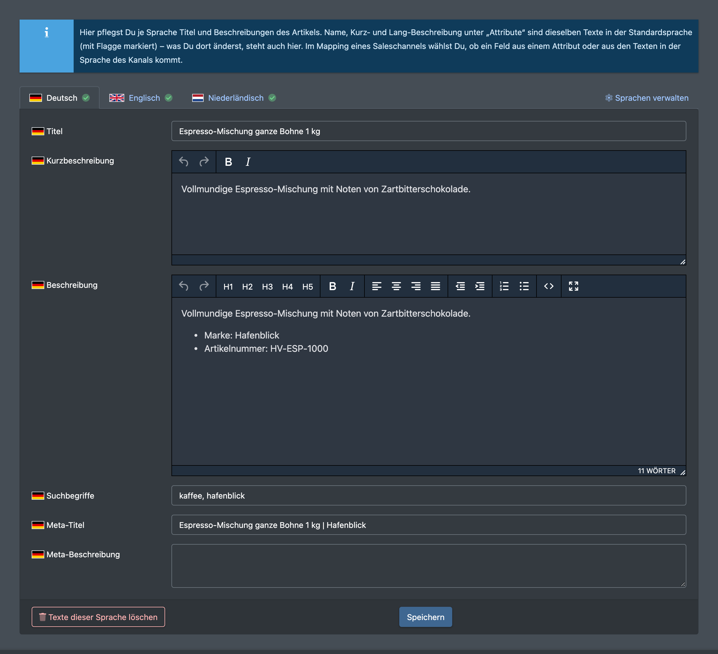 Screenshot: Reiter Sprachen mit den Sprach-Reitern, der Flagge der Standardsprache und den Textfeldern