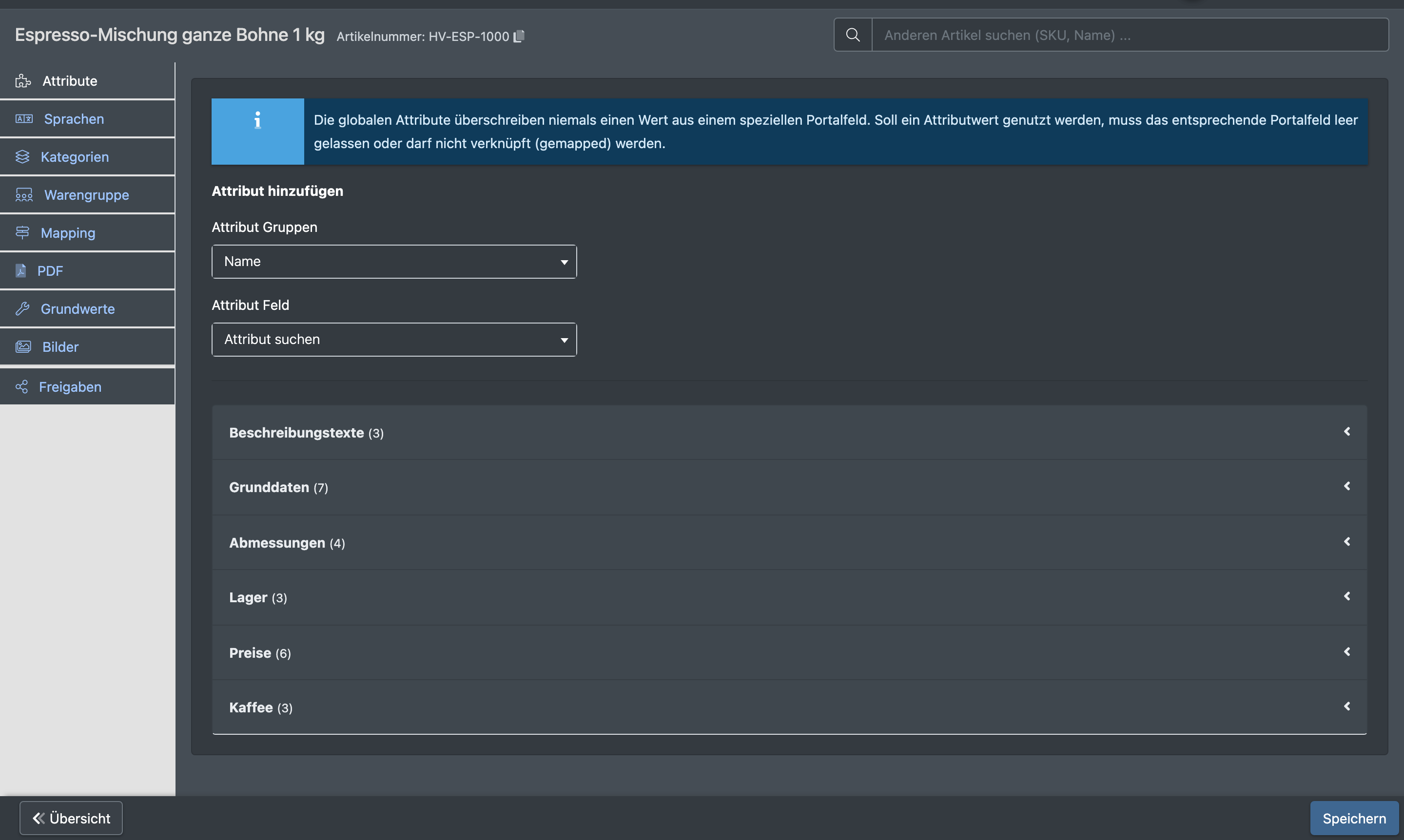 Screenshot: Bearbeiten-Seite eines Artikels mit den senkrechten Reitern links und geöffnetem Reiter „Attribute“