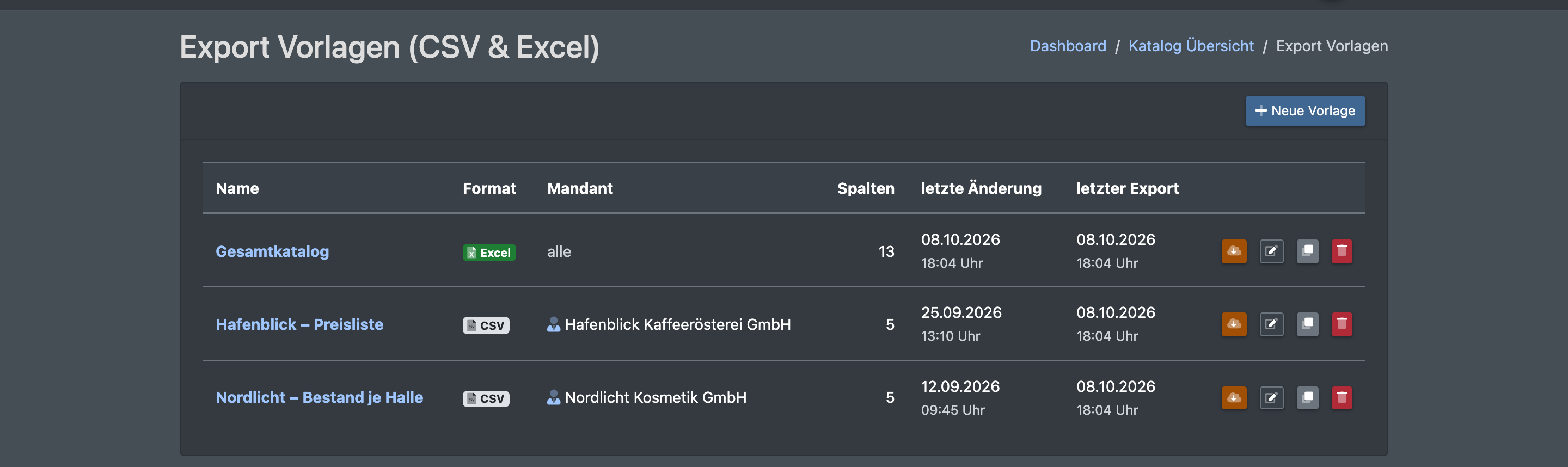 Screenshot: Übersicht „Export Vorlagen (CSV & Excel)“ mit Name, Format, Mandant, Anzahl Spalten, letzter Änderung, letztem Export und den Buttons zum Herunterladen, Bearbeiten, Duplizieren und Löschen