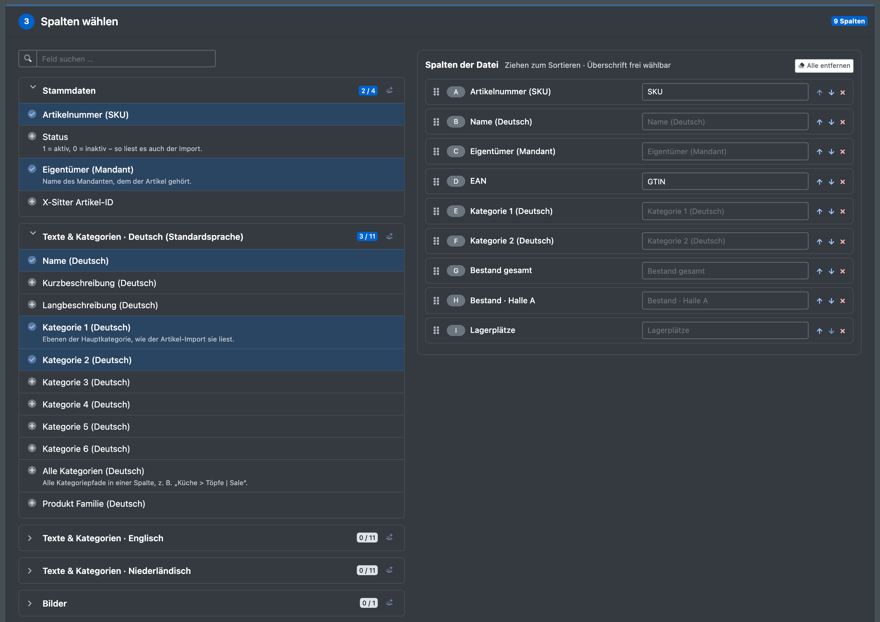 Screenshot: Schritt „3 · Spalten wählen“ mit den aufgeklappten Abschnitten „Stammdaten“ und „Texte & Kategorien“ links und der sortierbaren Liste „Spalten der Datei“ mit eigenen Überschriften rechts
