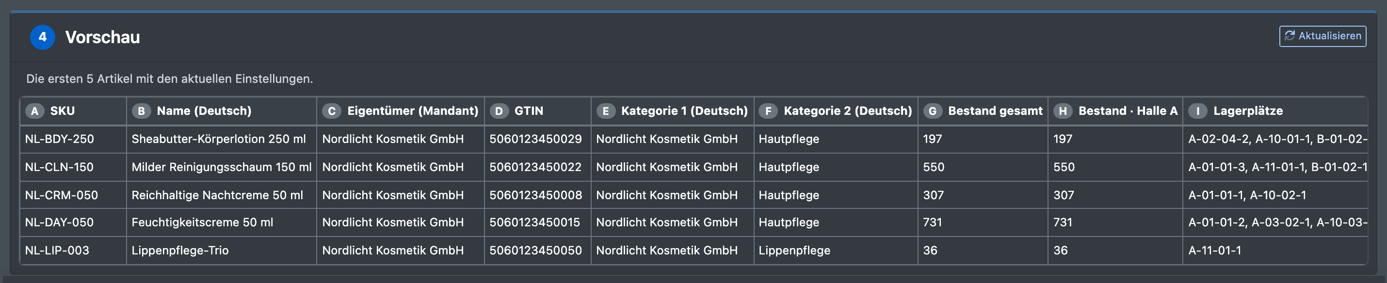 Screenshot: Schritt „4 · Vorschau“ mit den ersten fünf Artikeln in den gewählten Spalten