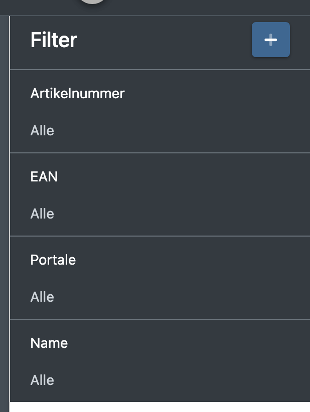 Screenshot: Filter-Seitenleiste mit den Standardfiltern und dem Plus-Symbol zum Hinzufügen eines Attributs