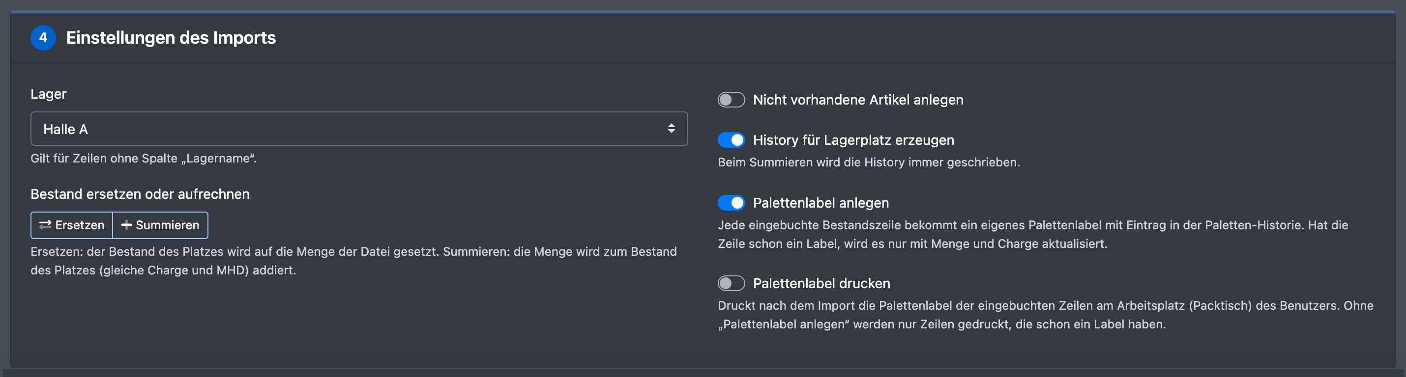 Screenshot: Schritt „4 · Einstellungen des Imports“ für den Typ „Artikel einbuchen“ mit Lager, Ersetzen/Summieren und den Schaltern für Palettenlabel