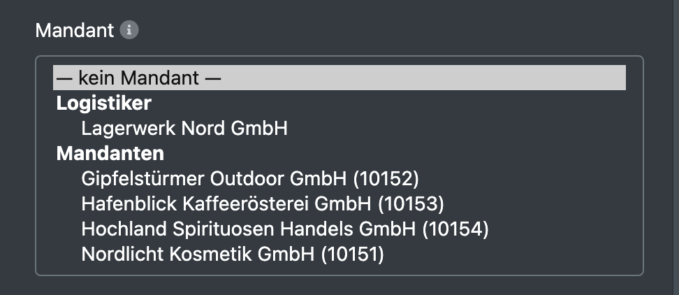 Screenshot: Die geöffnete Mandanten-Auswahl mit „— kein Mandant —“, der Gruppe „Logistiker“ mit der eigenen Firma und der Gruppe „Mandanten“ mit den aktiven Mandanten