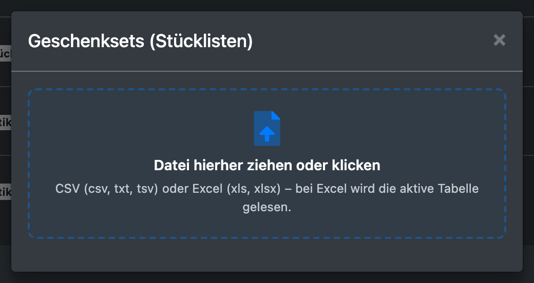 Screenshot: Import-Dialog mit Drag-and-Drop-Bereich und der Liste „wähle aus Deinem Datenpool“
