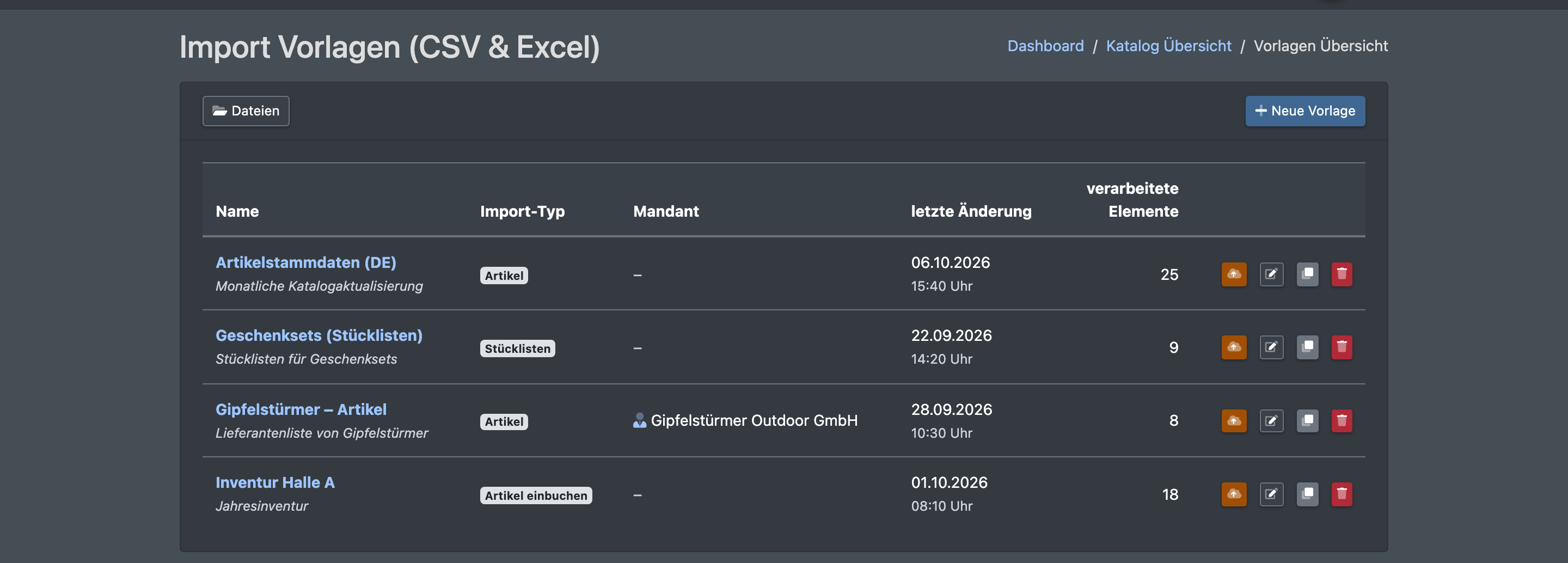 Screenshot: Übersicht „Import Vorlagen (CSV & Excel)“ mit mehreren Vorlagen, dem Wolken-Symbol zum Importieren einer Datei und dem Button „Neue Vorlage“