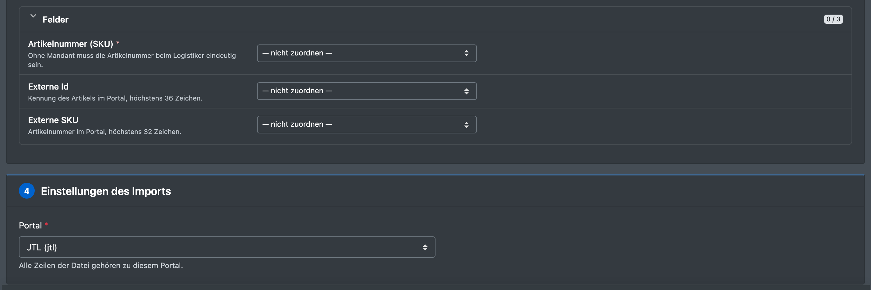 Screenshot: Die Felder „Artikelnummer (SKU)“, „Externe Id“ und „Externe SKU“ des Typs „Portal-Mapping“ und Schritt „4 · Einstellungen des Imports“ mit der Portal-Auswahl und dem Hinweis „Alle Zeilen der Datei gehören zu diesem Portal.“
