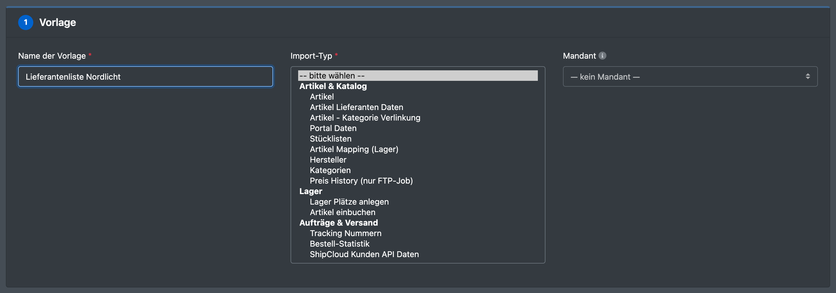 Screenshot: Schritt „1 · Vorlage“ mit Name, Auswahl Import-Typ (Gruppen sichtbar) und Auswahl Mandant