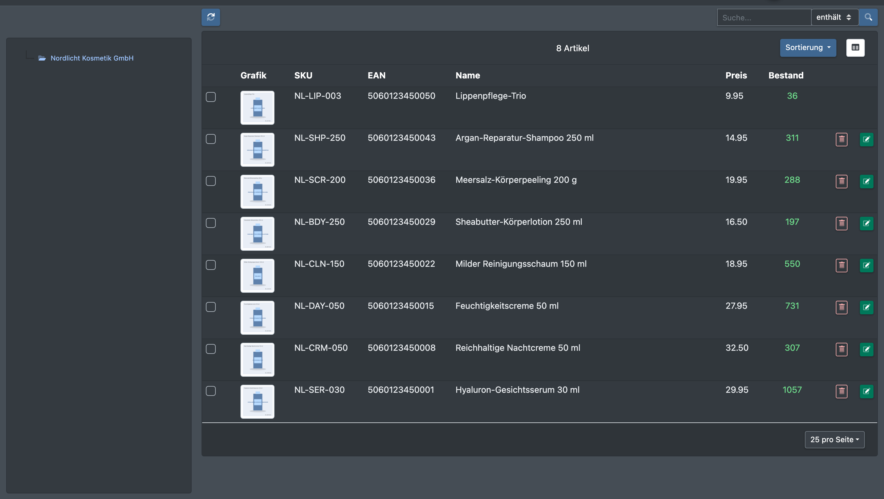 Screenshot: Artikelübersicht aus Sicht eines Mandanten mit nur den eigenen Artikeln des Mandanten