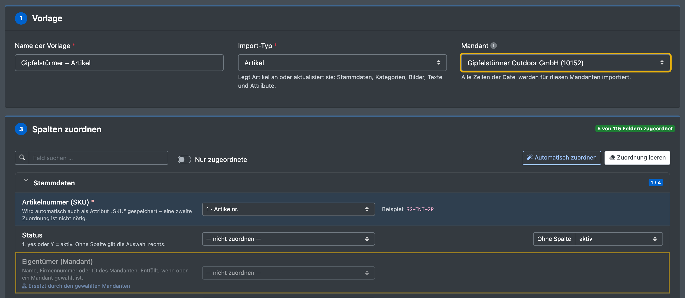 Screenshot: Importvorlage mit der Auswahl „Mandant“ und dem Feld „Eigentümer (Mandant)“ in der Zuordnung