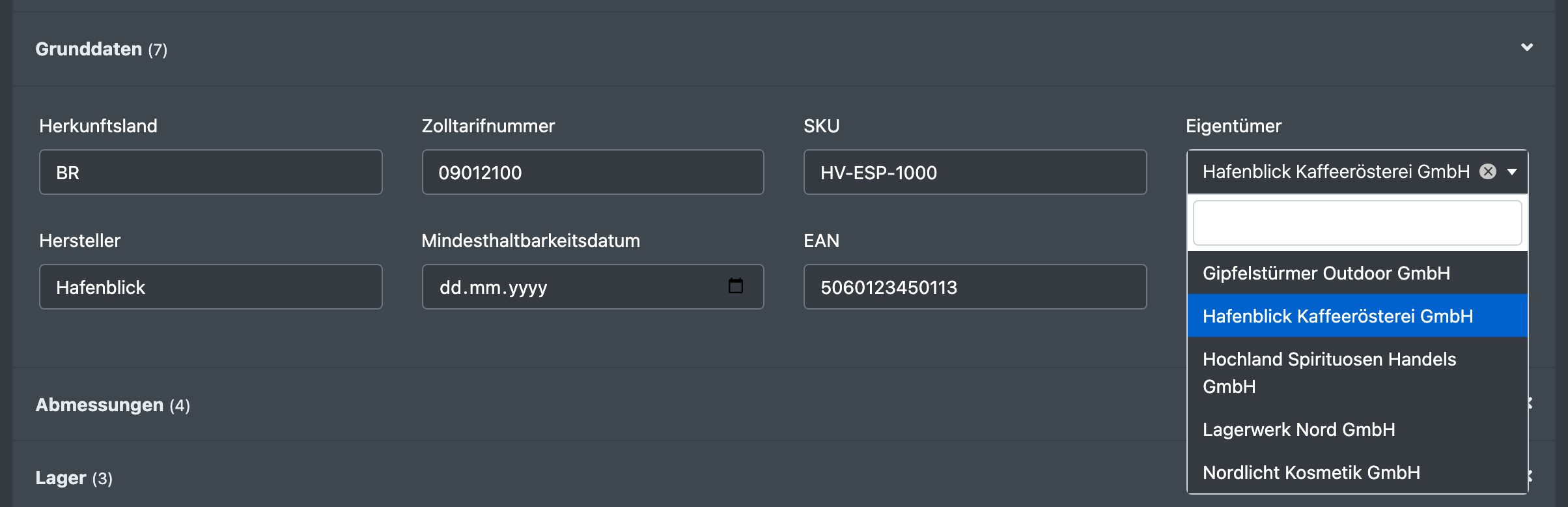 Screenshot: Reiter Attribute eines Artikels mit geöffnetem Feld „Eigentümer“