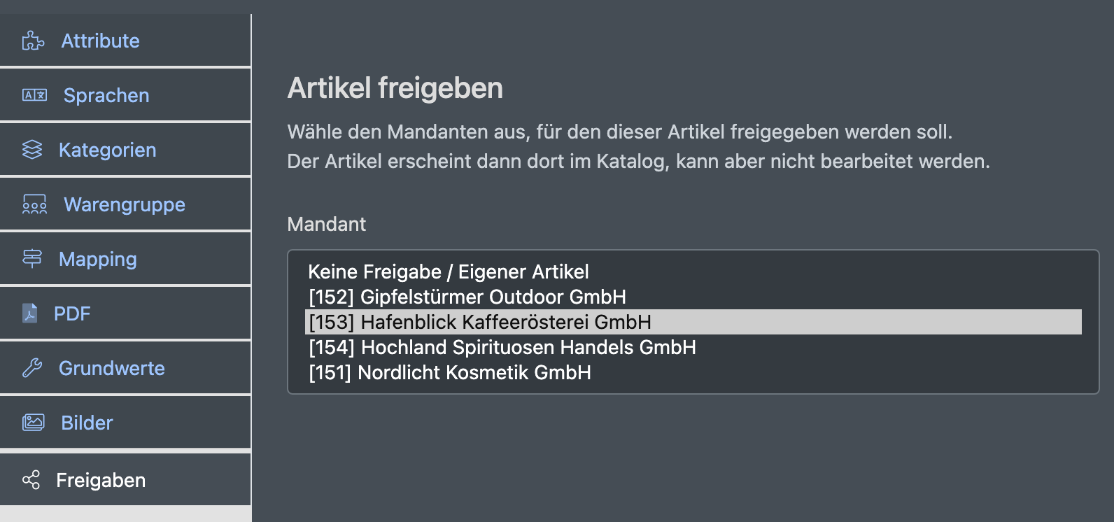 Screenshot: Artikelmaske mit geöffnetem Reiter „Freigaben“ und sichtbarer Mandanten-Auswahl