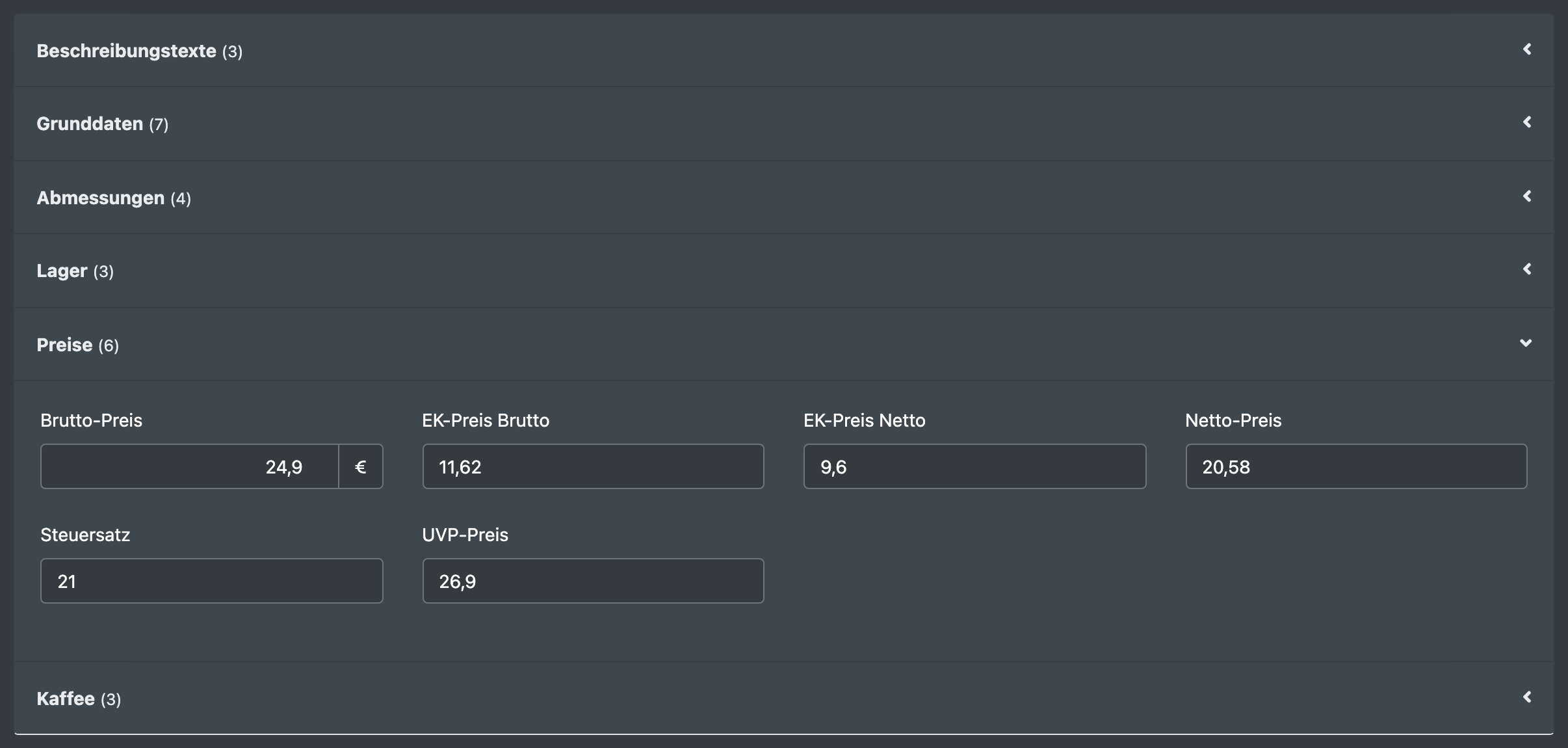 Screenshot: Reiter Attribute eines Artikels mit aufgeklappter Attribut-Gruppe „Preise“