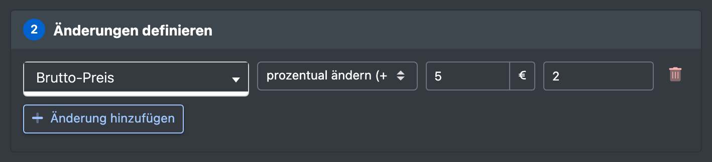 Screenshot: Massenverarbeitung mit der Änderung „Brutto-Preis – prozentual ändern (+ / - %) – 5“