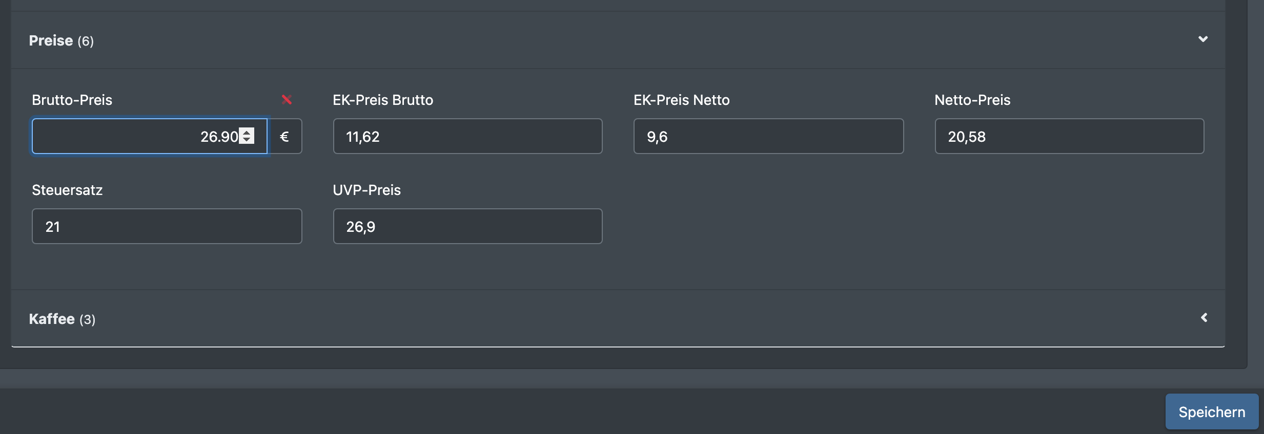 Screenshot: Preisfelder eines Artikels in Bearbeitung, mit dem Button Speichern