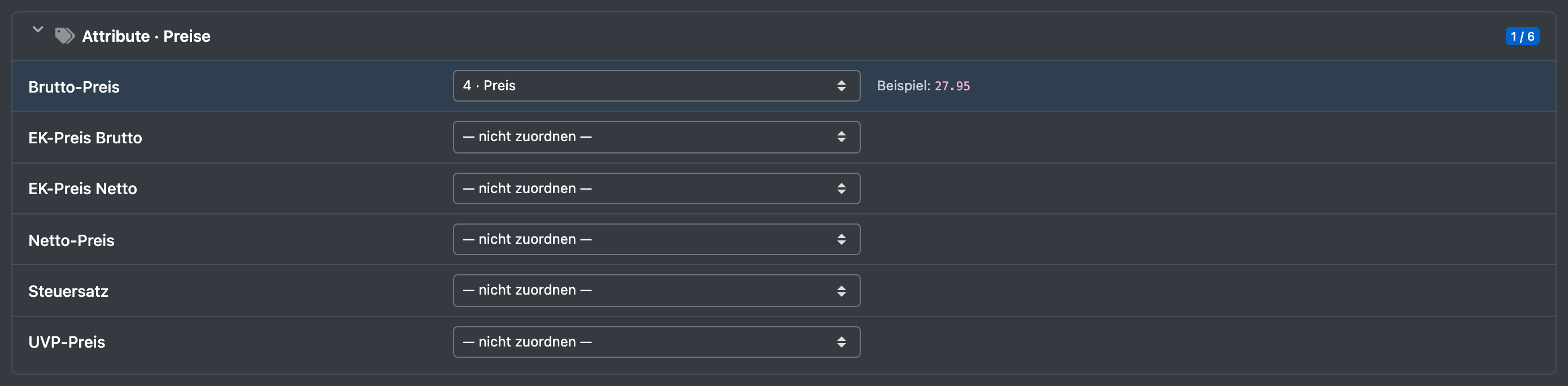 Screenshot: Zuordnung einer Importvorlage mit Preisspalten, die den Feldern der Gruppe „Preise“ zugeordnet sind