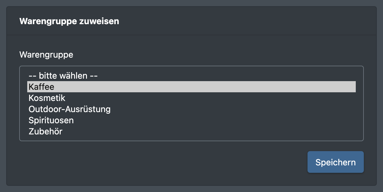 Screenshot: Reiter Warengruppe eines Artikels mit der Auswahlliste „Warengruppe zuweisen“