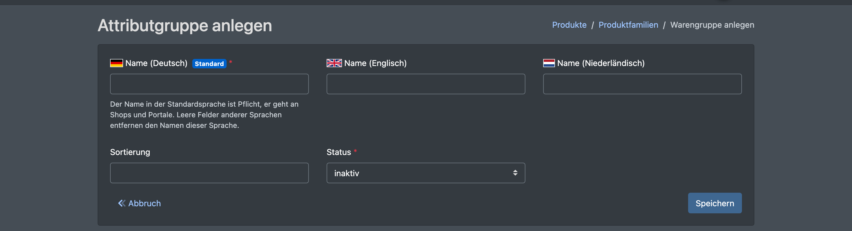 Screenshot: Formular „Warengruppe anlegen“ mit Name, Sortierung und Status