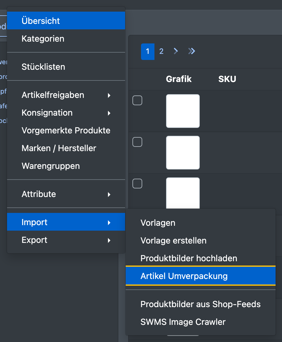 Screenshot: Menü Import mit hervorgehobenem Eintrag „Artikel Umverpackung“