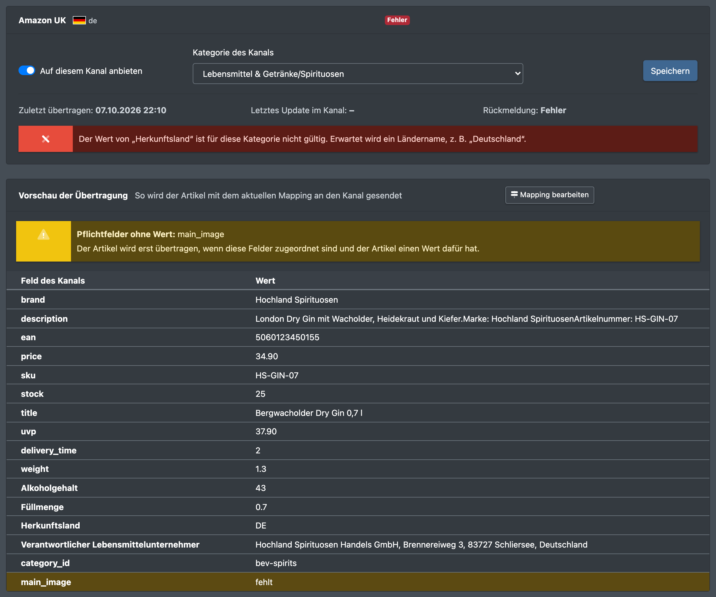 Screenshot: Kanal-Reiter in der Artikelmaske mit eingeschaltetem „Auf diesem Kanal anbieten“, der Kategorie des Kanals, dem Status-Badge und der Vorschau der Übertragung mit einem fehlenden Pflichtfeld