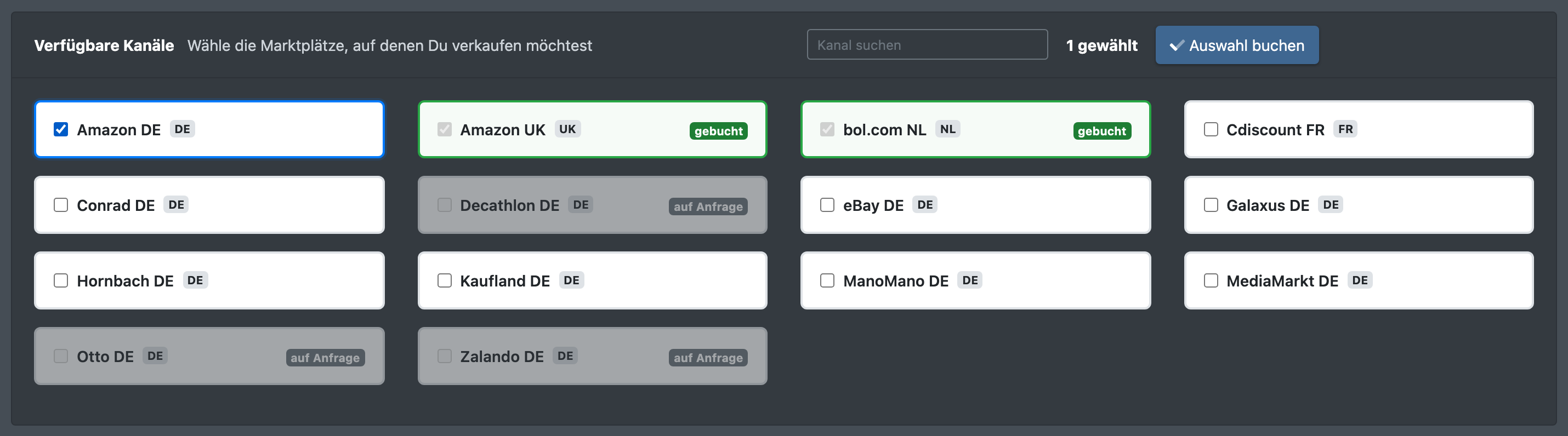 Screenshot: Seite „Kanäle buchen“ mit Kanalkacheln, eine davon angehakt, dem Suchfeld und der Schaltfläche „Auswahl buchen“