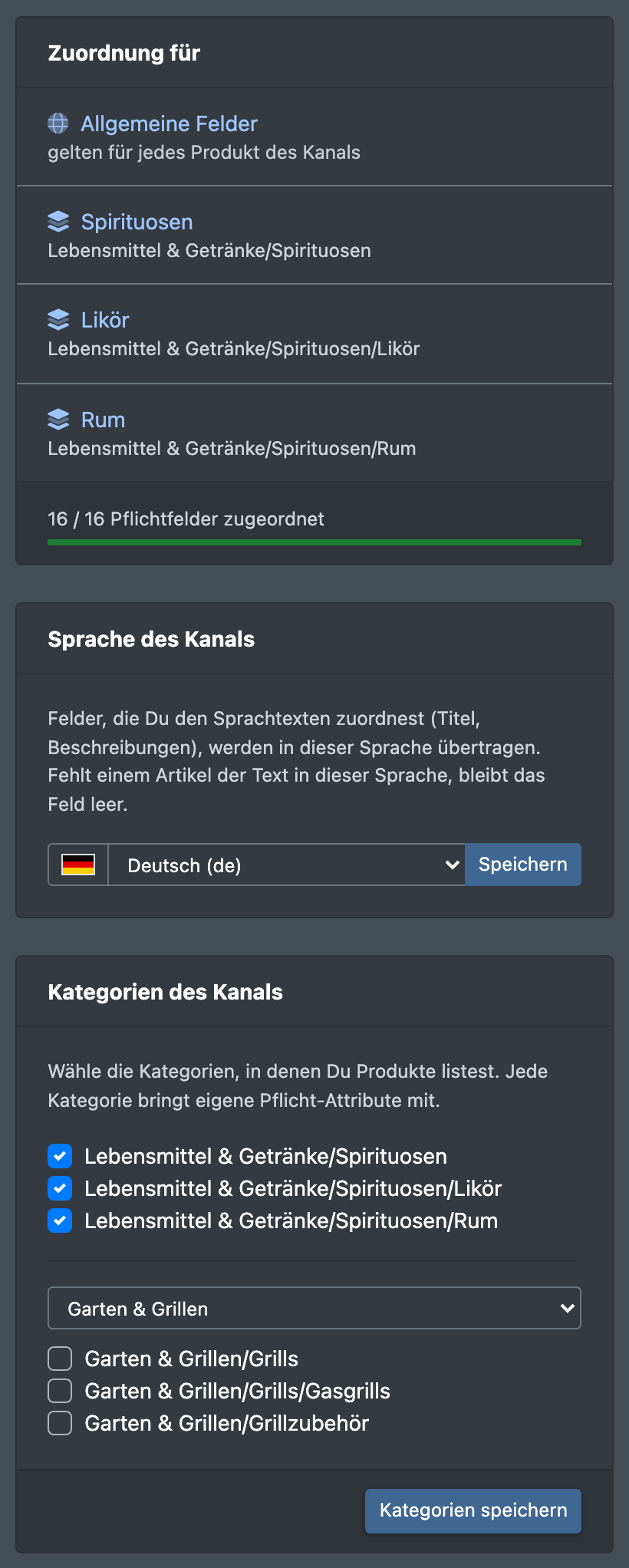 Screenshot: Linke Spalte von „Kategorien & Mapping“ mit den Kästen „Zuordnung für“, „Sprache des Kanals“ und „Kategorien des Kanals“ mit gewählter Hauptkategorie