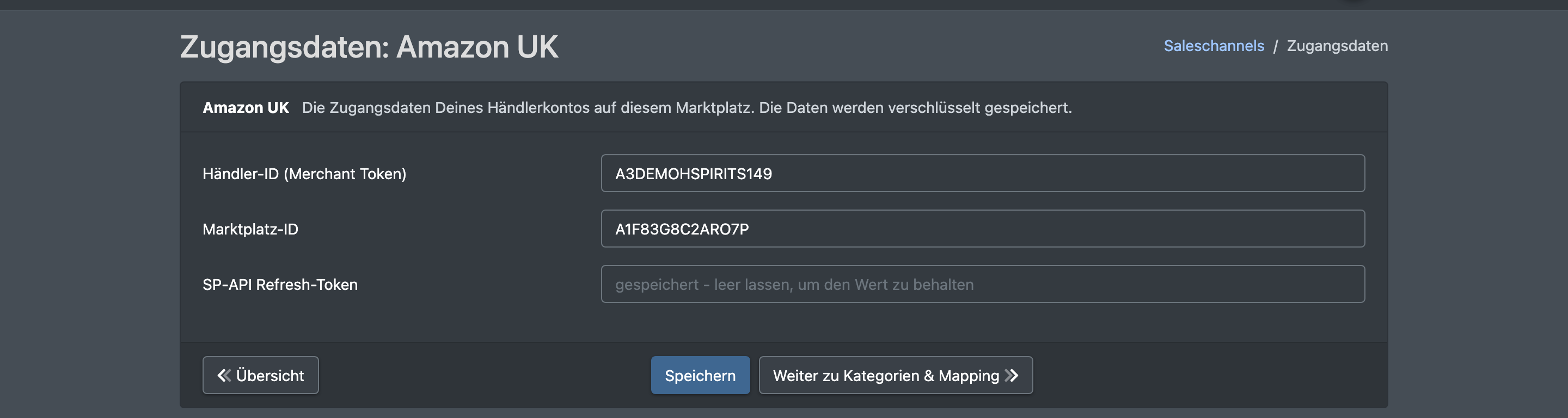 Screenshot: Zugangsdaten-Seite eines Kanals mit den Feldern des Händlerkontos und der Schaltfläche „Weiter zu Kategorien & Mapping“