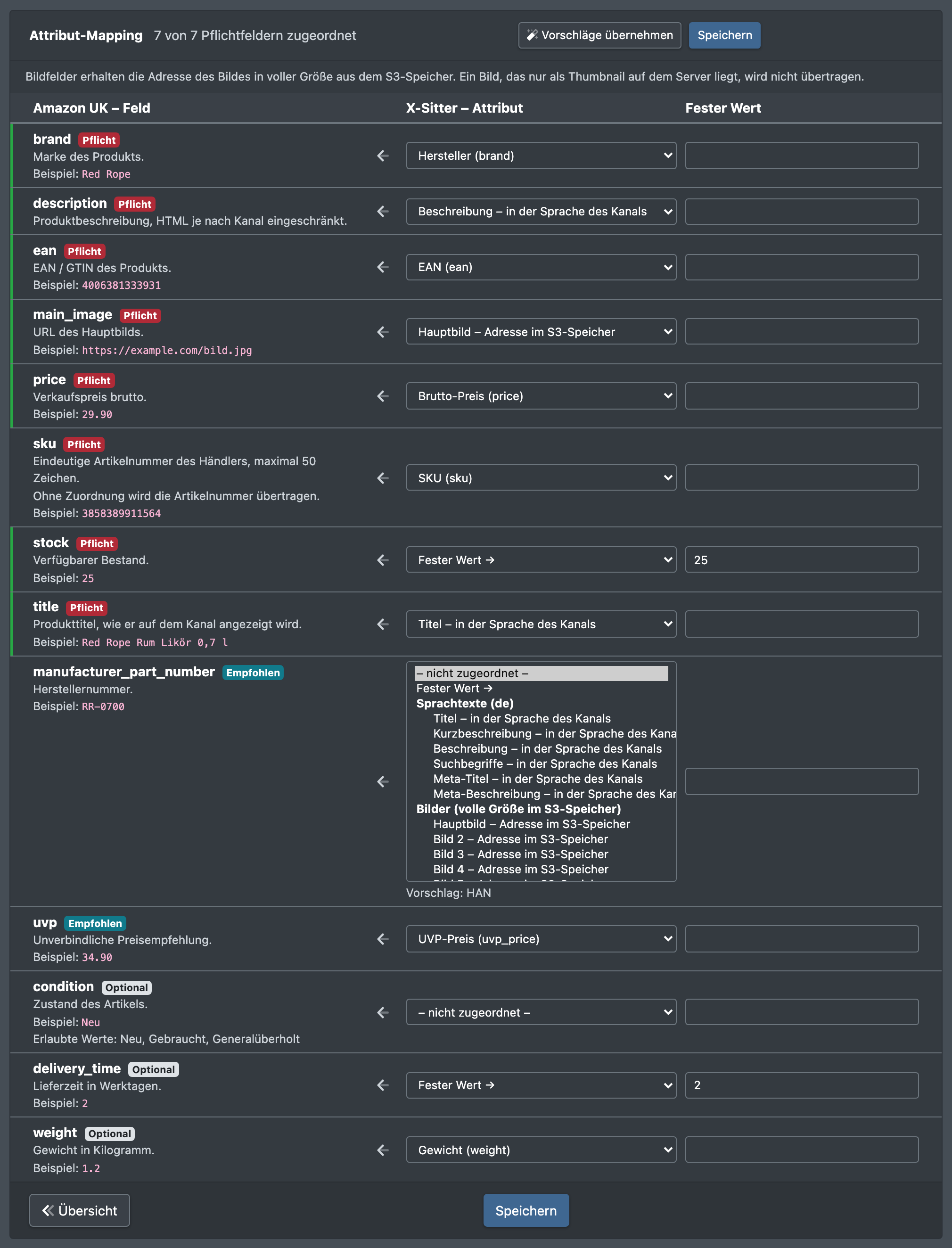 Screenshot: Tabelle Attribut-Mapping mit Kanalfeldern, Pflicht-Badges, geöffnetem Quellen-Dropdown (Attributgruppen, Fester Wert, Sprachtexte, Bilder) und der Schaltfläche „Vorschläge übernehmen“
