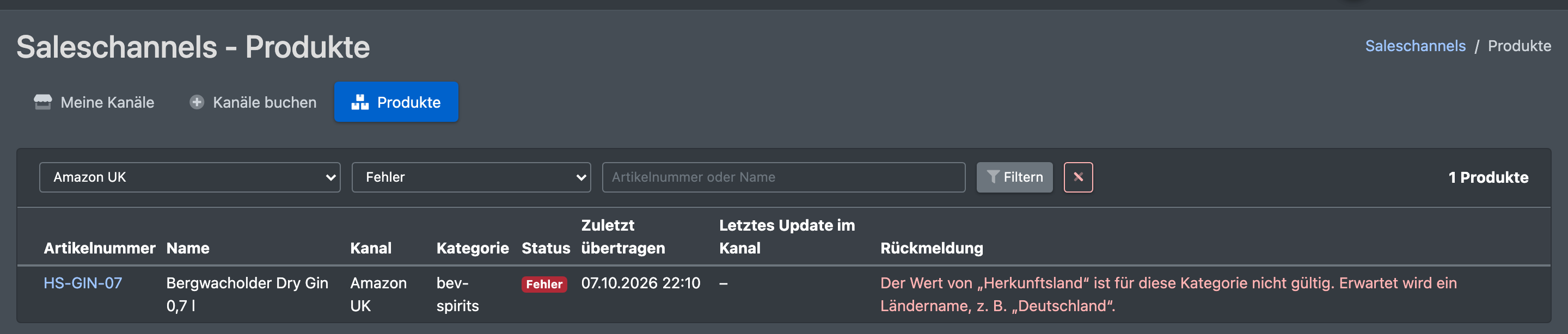 Screenshot: Seite „Produkte“ gefiltert nach einem Kanal und dem Status „Fehler“, mit dem Fehlertext in der Spalte Rückmeldung