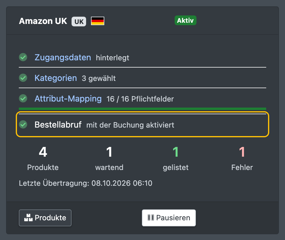 Screenshot: Kanalkarte unter „Meine Kanäle“ mit dem Checklisten-Punkt „Bestellabruf – mit der Buchung aktiviert“
