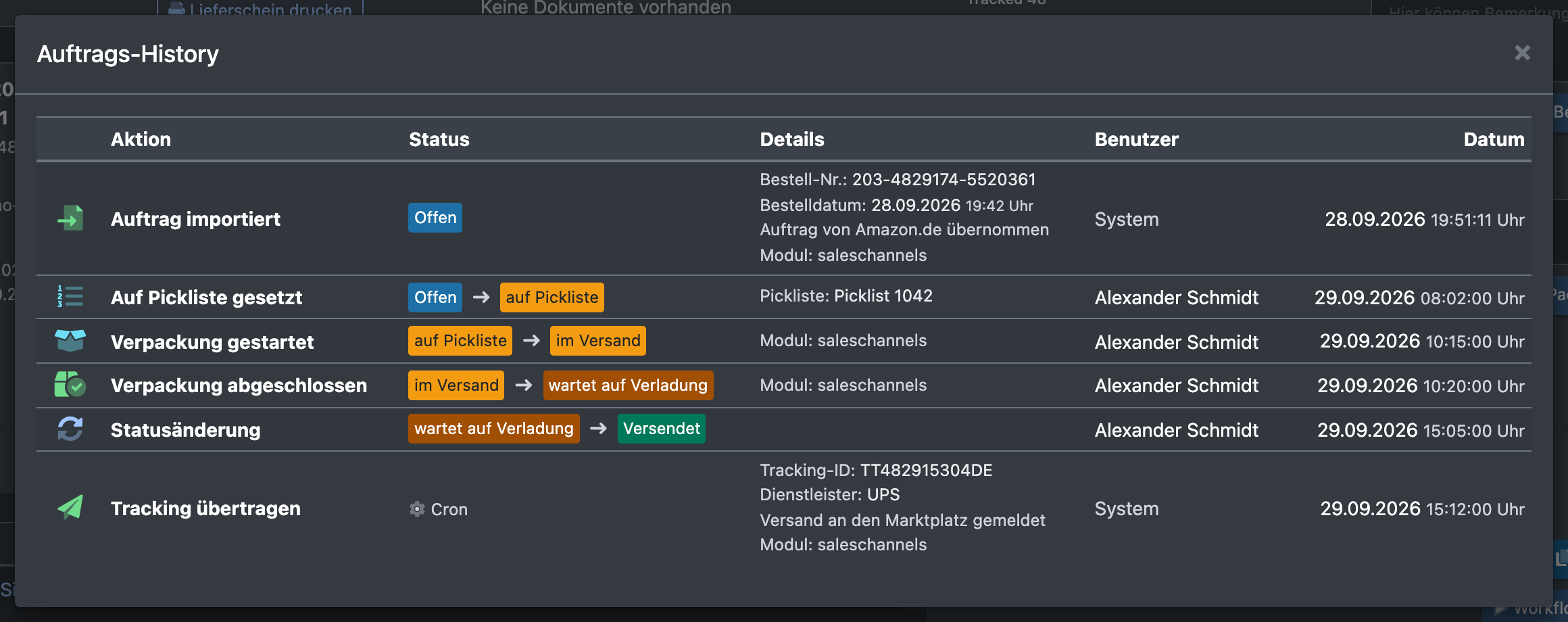 Screenshot: Auftragshistorie eines Marktplatz-Auftrags mit dem Eintrag „Tracking übertragen“
