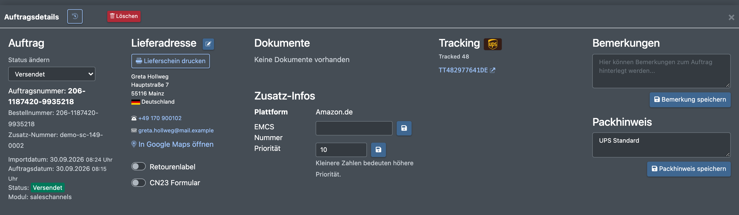 Screenshot: Auftragsdetails eines Marktplatz-Auftrags mit dem Kanalnamen als Plattform