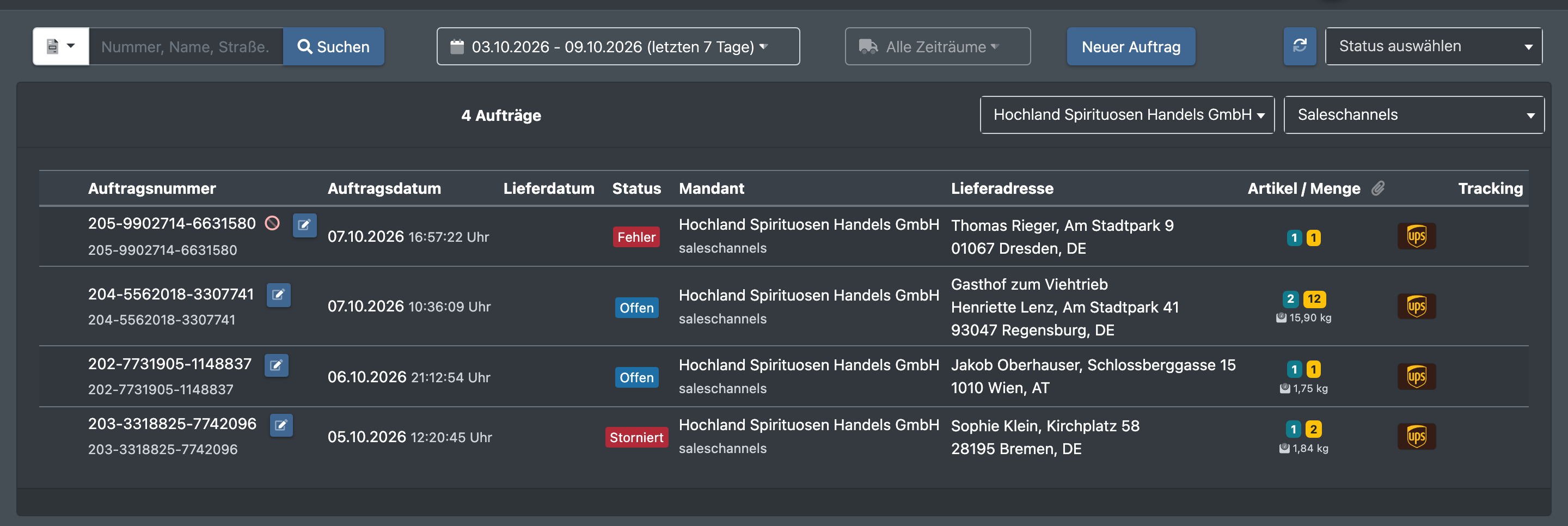 Screenshot: Auftragsübersicht mit mehreren Marktplatz-Aufträgen, der Kanalname ist in der Spalte Plattform sichtbar