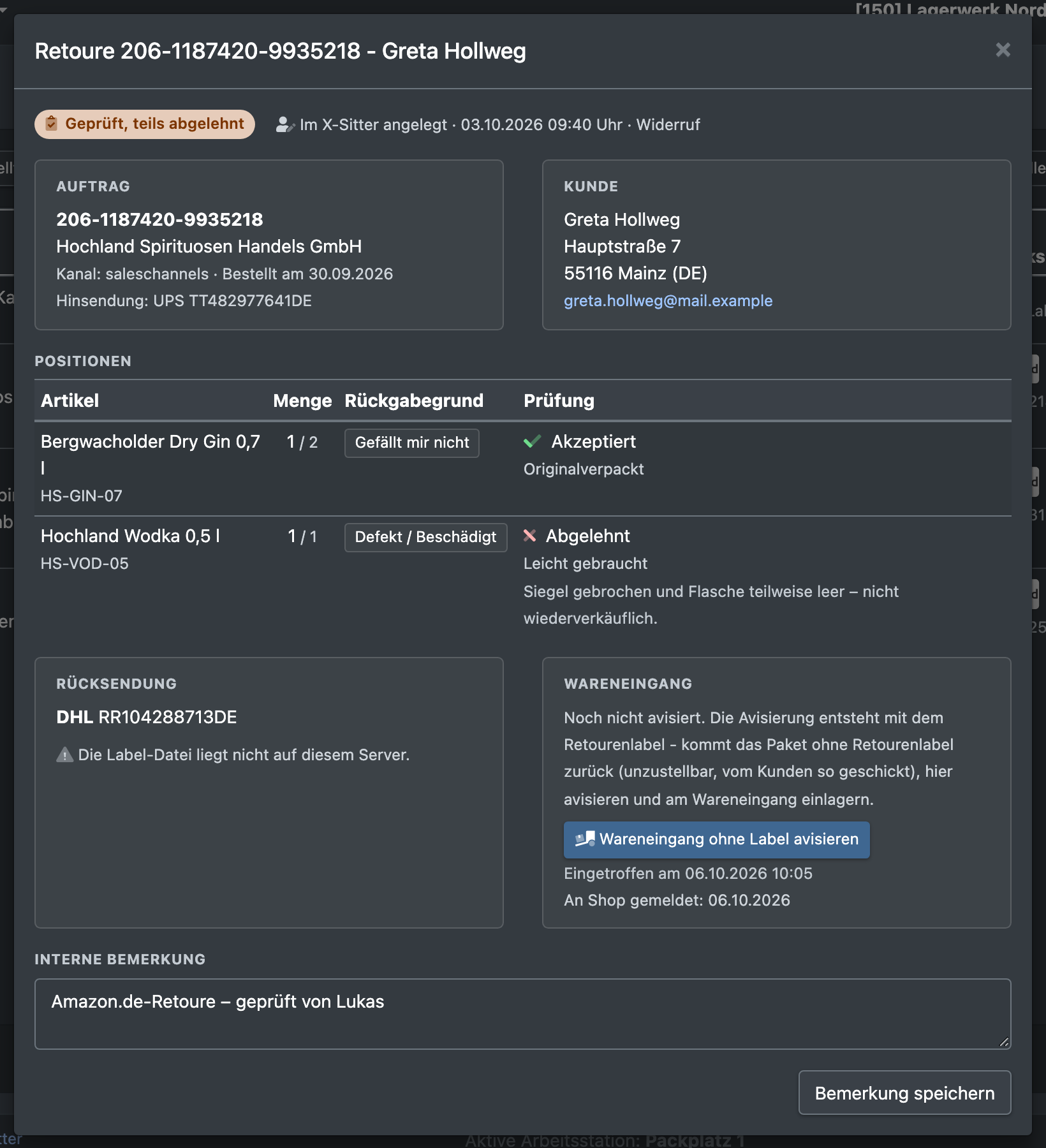 Screenshot: Retoure eines Marktplatz-Auftrags, geprüft und abgeschlossen, mit angenommenen und abgelehnten Positionen
