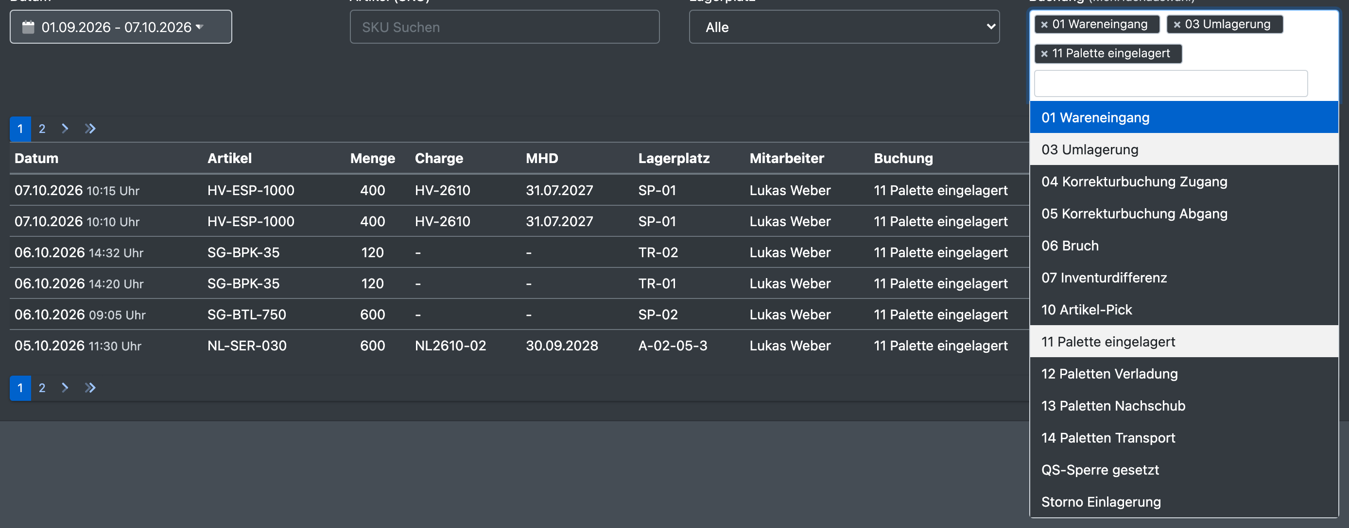 Screenshot: Geöffneter Filter „Buchung“ mit mehreren ausgewählten Buchungsarten