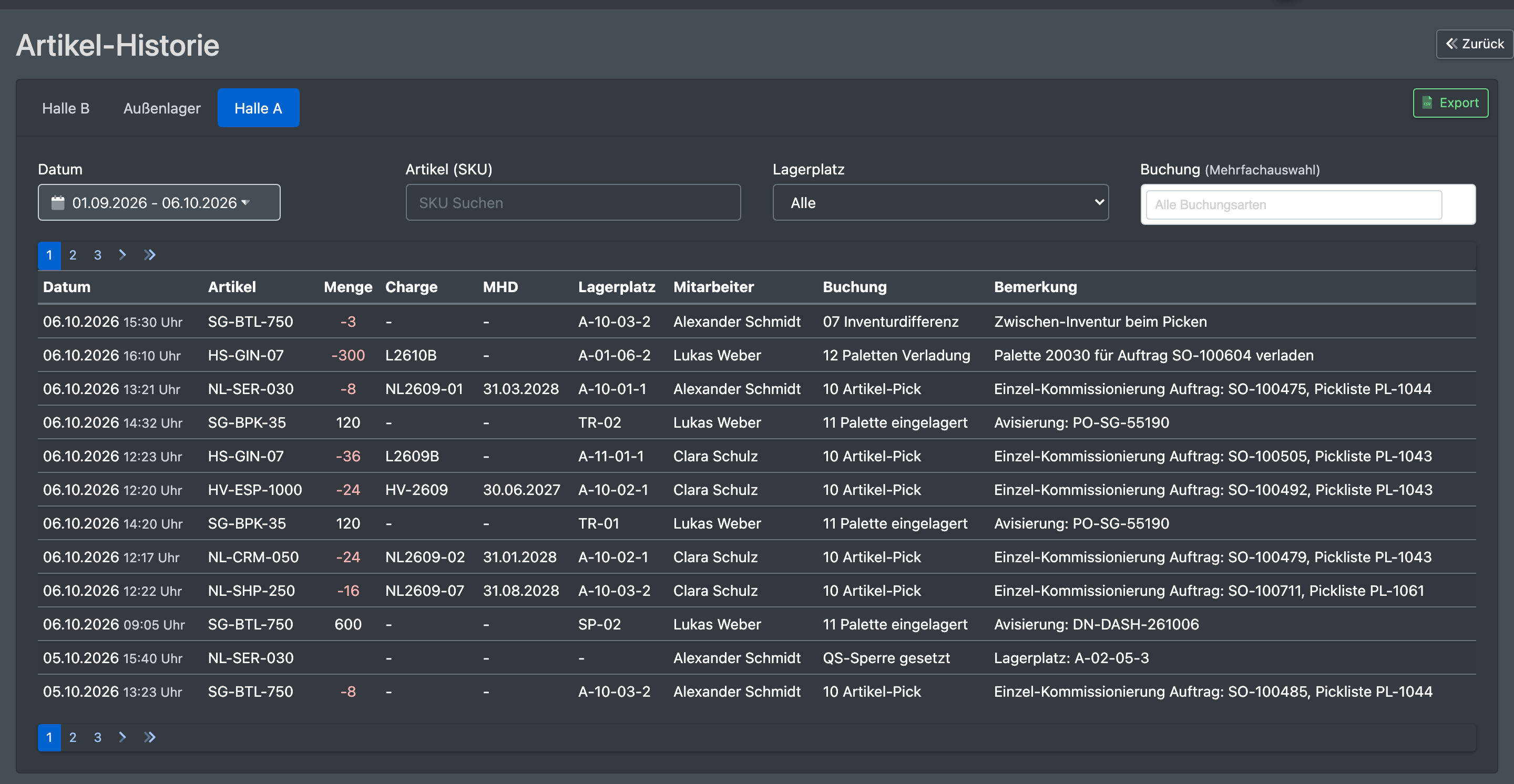 Screenshot: Seite „Artikel-Historie“ mit Datumsfilter, SKU-Suche, Lagerplatz-Filter, Filter für Buchungsarten und der Liste der Einträge