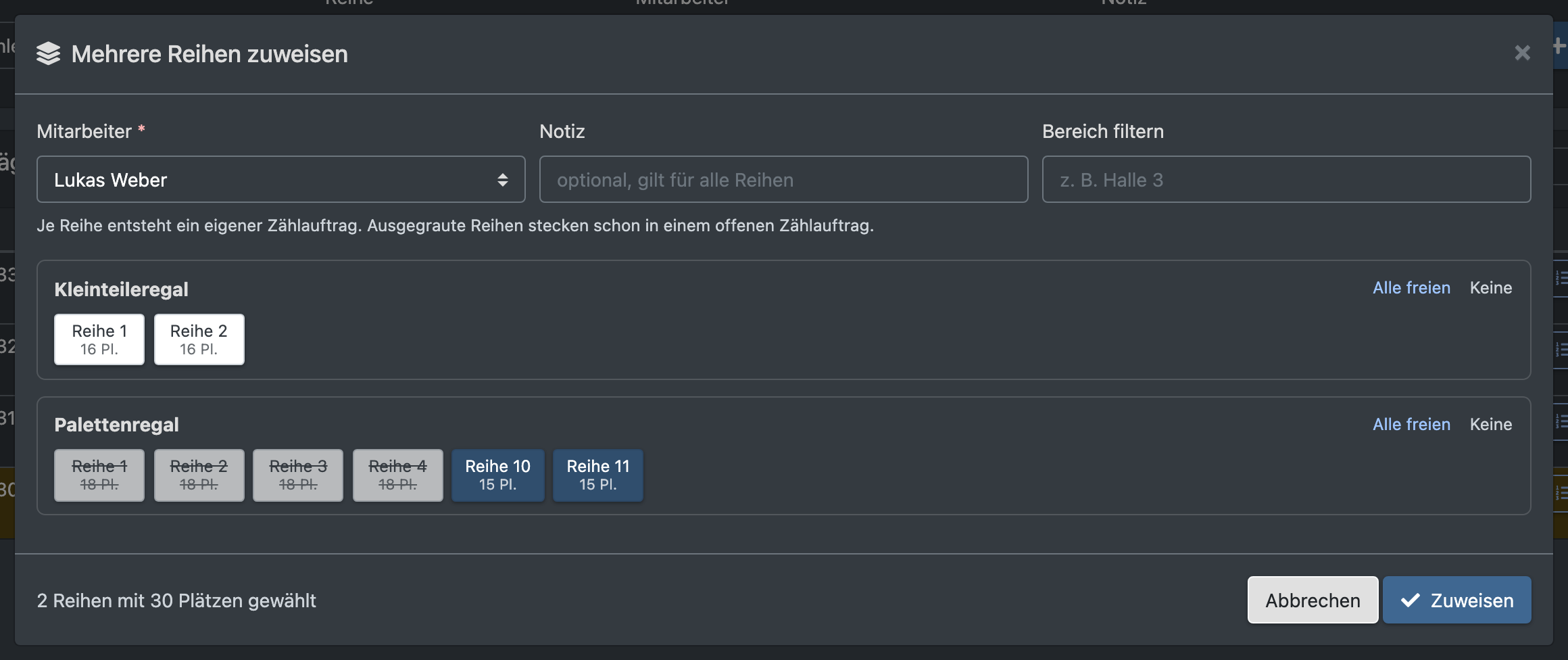 Screenshot: Dialog „Mehrere Reihen zuweisen“ mit Mitarbeiter, Notiz, Bereichsfilter und den Reihen-Schaltflächen je Bereich, zwei Reihen gewählt, belegte Reihen ausgegraut