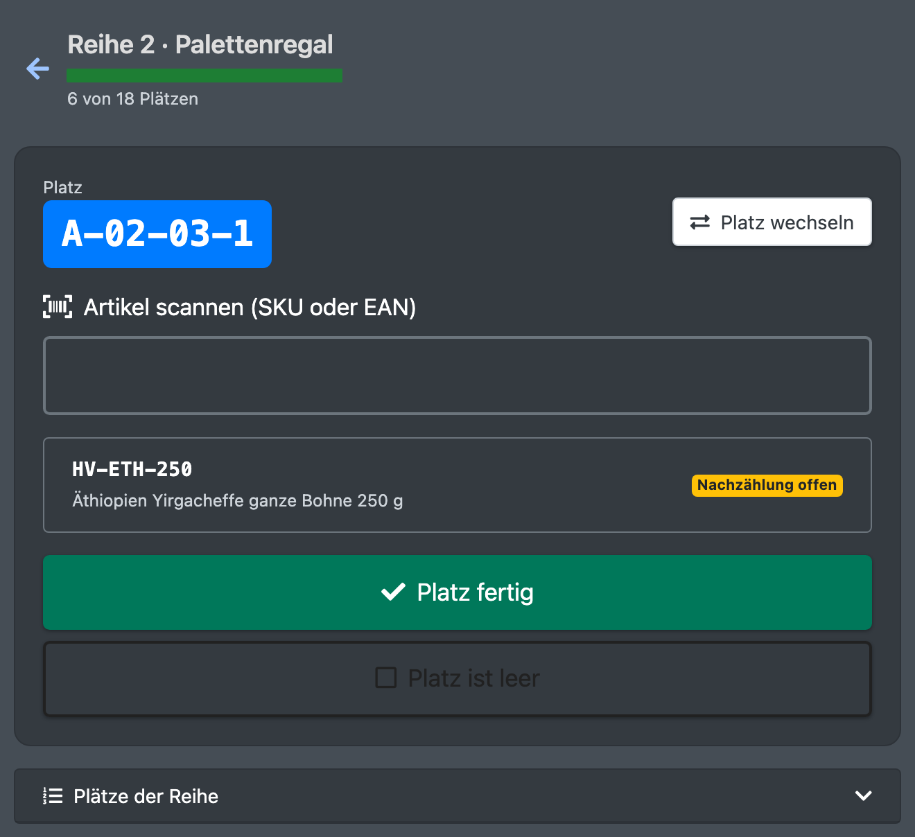 Screenshot: Platz A-02-03-1 von Palettenregal Reihe 2 mit dem Artikel-Scanfeld, dem gezählten Artikel mit „Nachzählung offen“, den Schaltflächen „Platz fertig“ und „Platz ist leer“ und der eingeklappten Liste „Plätze der Reihe“