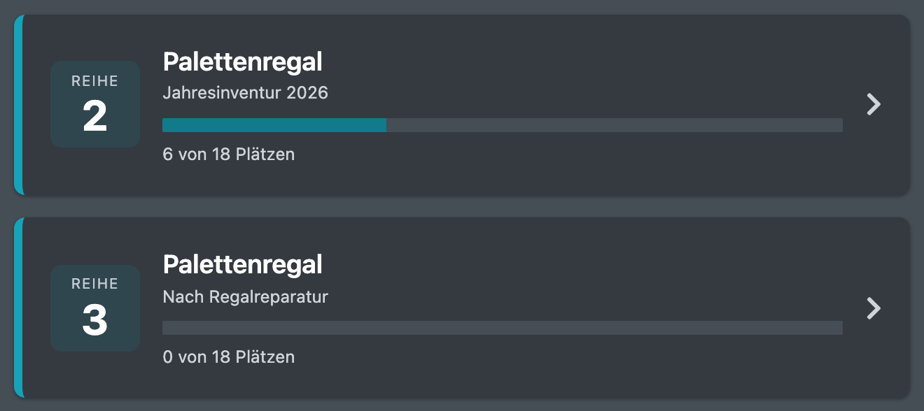 Screenshot: Zählmaske mit den eigenen Zählaufträgen als Karten – Reihennummer, Bereich, Notiz und Fortschritt „6 von 18 Plätzen“
