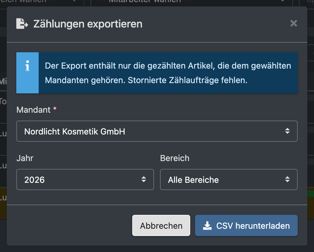 Screenshot: Dialog „Zählungen exportieren“ mit dem Hinweiskasten, gewähltem Mandanten Northern Light Cosmetics Ltd., Jahr und Bereich