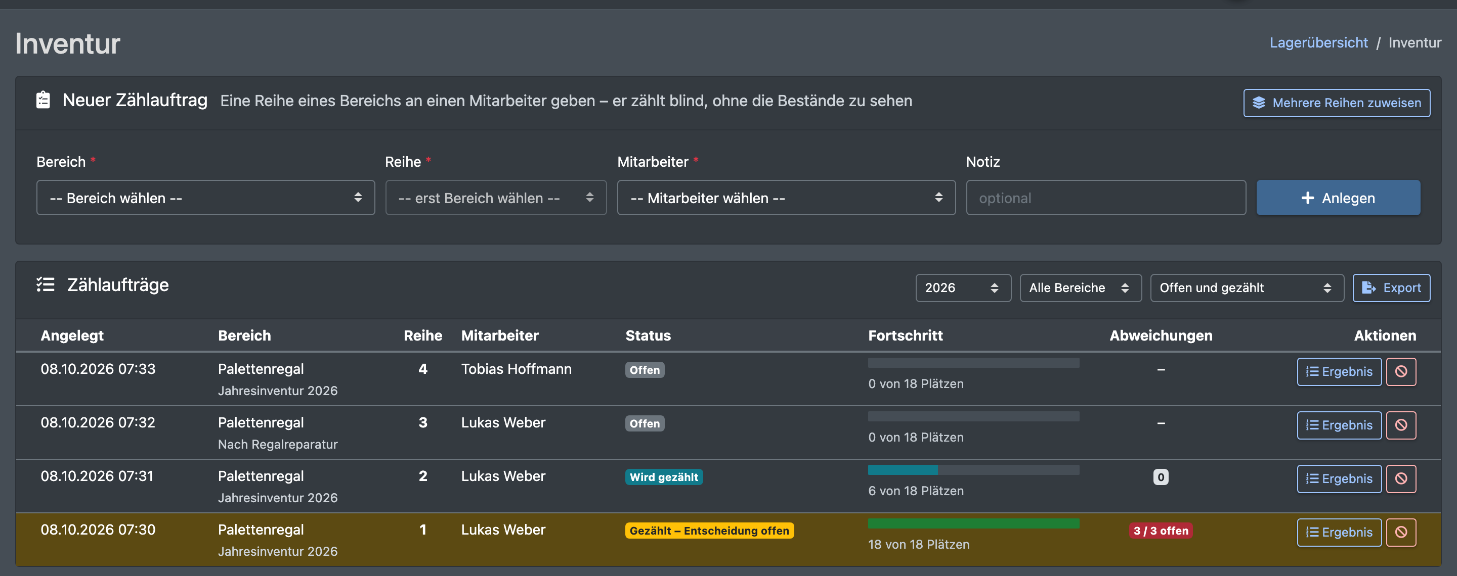 Screenshot: Seite „Inventur“ mit dem Kasten „Neuer Zählauftrag“ (Bereich, Reihe, Mitarbeiter, Notiz) und der Liste „Zählaufträge“ mit Status, Fortschritt und Abweichungen