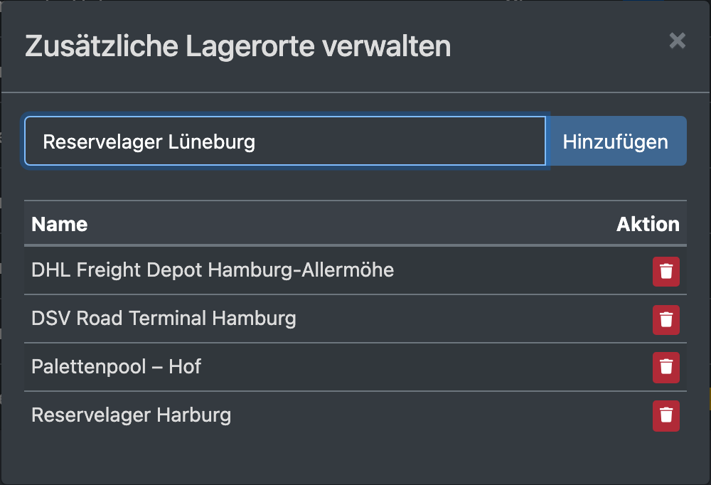 Screenshot: Dialog „Zusätzliche Lagerorte verwalten“ mit Namensfeld und der Liste der Orte