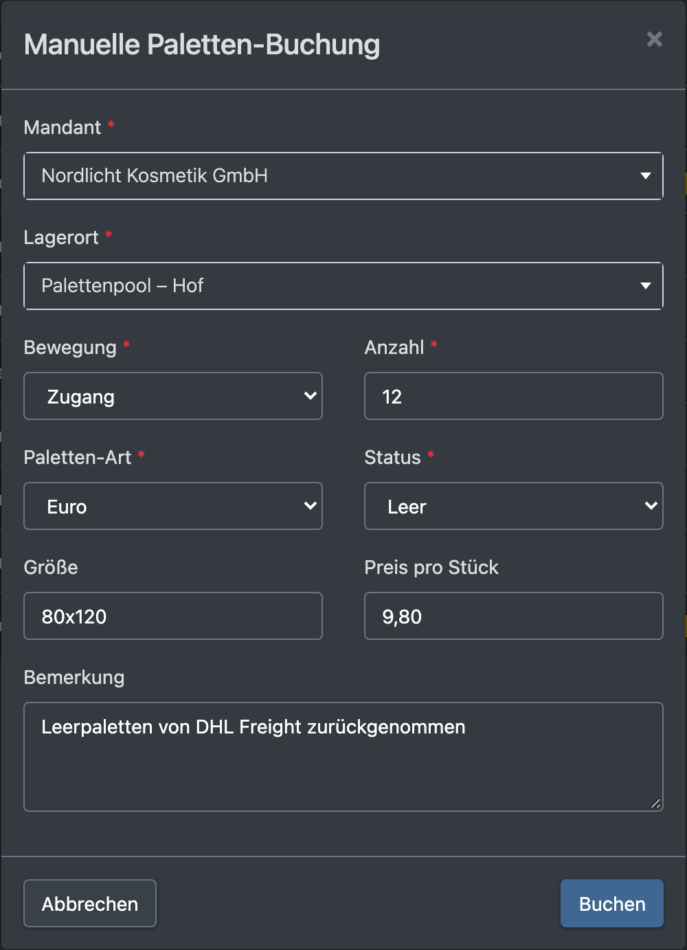 Screenshot: Dialog „Manuelle Paletten-Buchung“ mit Mandant, Lagerort, Bewegung, Paletten-Art, Status, Anzahl, Größe, Preis und Bemerkung